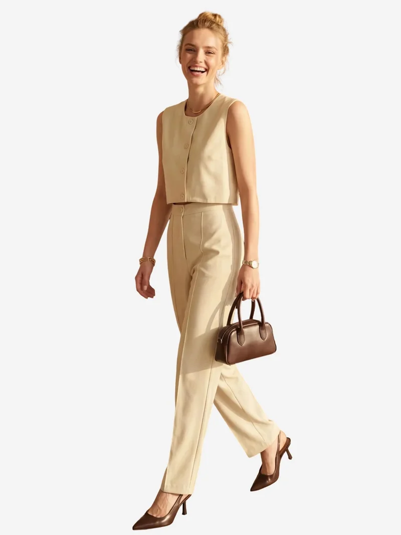 MY FASHION Crew Neck Crop Vest & High Waist Pants Two-Piece Set